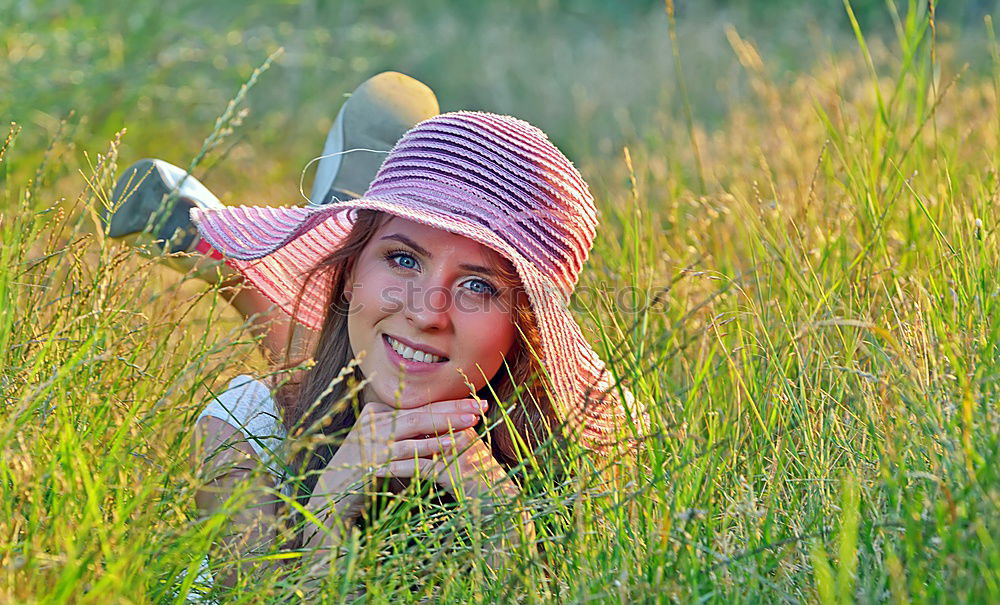 Similar – Image, Stock Photo Curious | young woman with grass green moustache