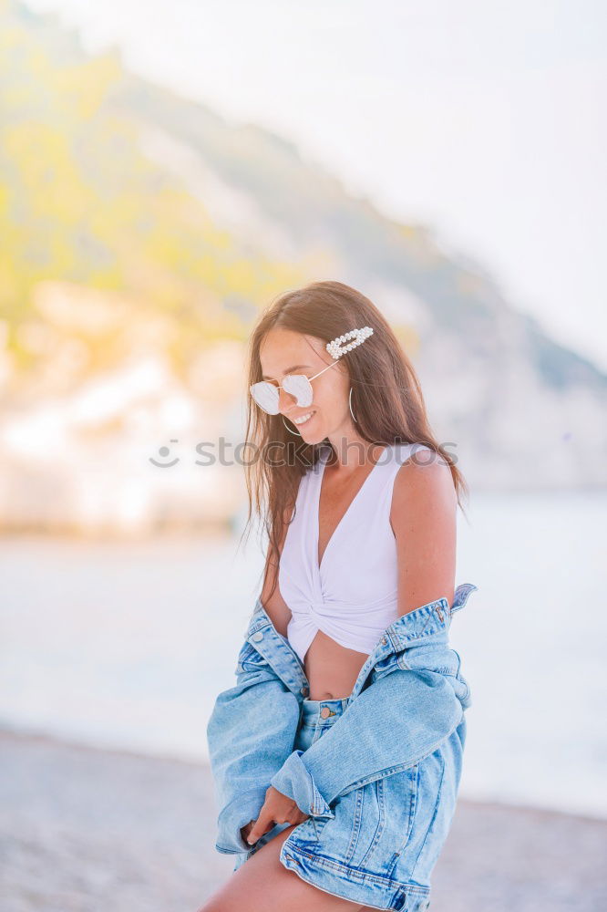 Similar – Image, Stock Photo Happy girl posing on the stones of a river