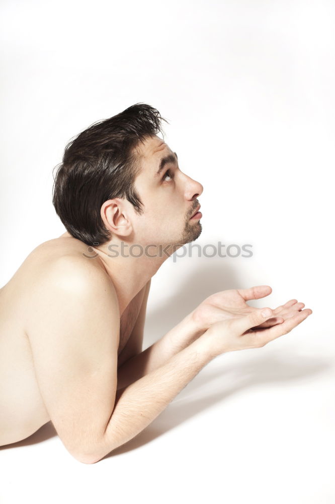 Image, Stock Photo Woman lying on wooden table with crossed naked strong legs