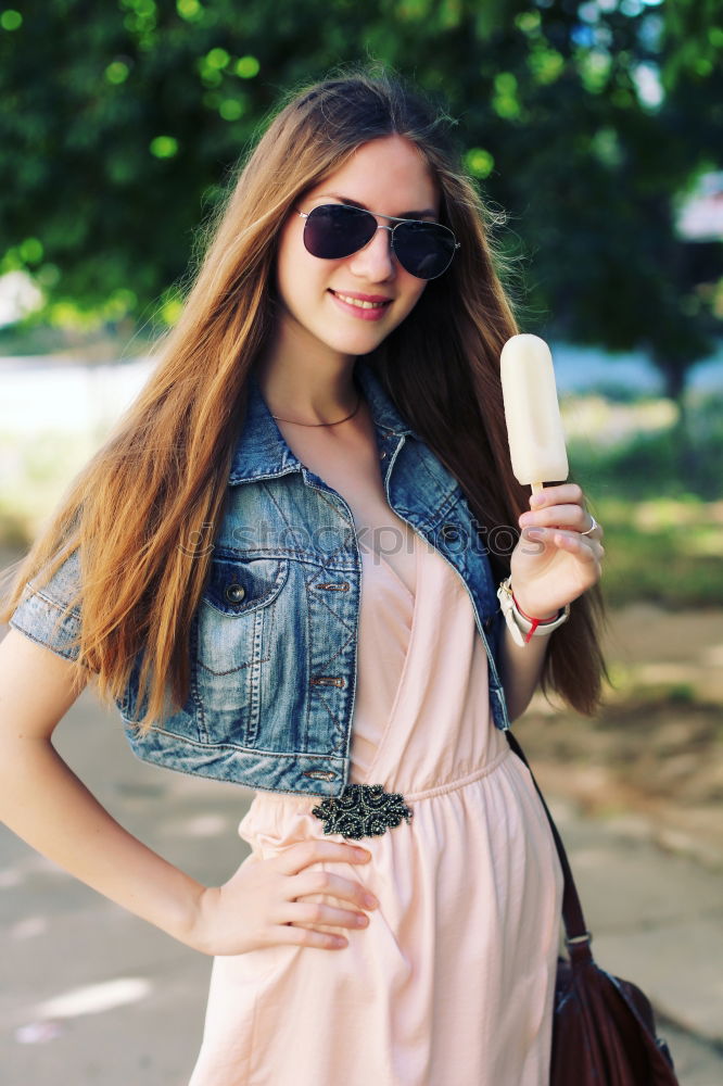 Similar – Portrait of beautiful woman smiling in the street