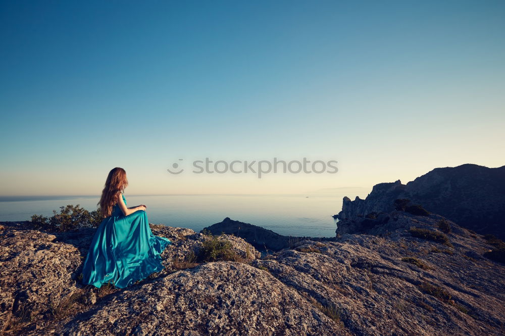 Similar – Image, Stock Photo Young woman conteplating the landscape from a rocky mountain in Galicia