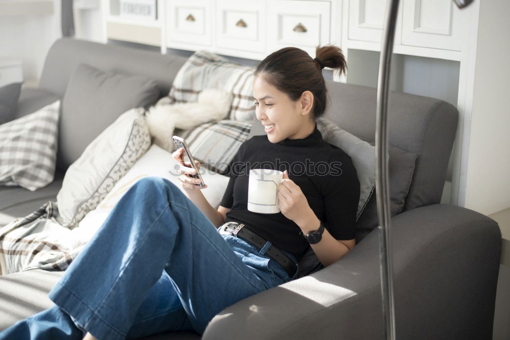 Similar – Image, Stock Photo Beautiful model with cup of coffee and smartphone