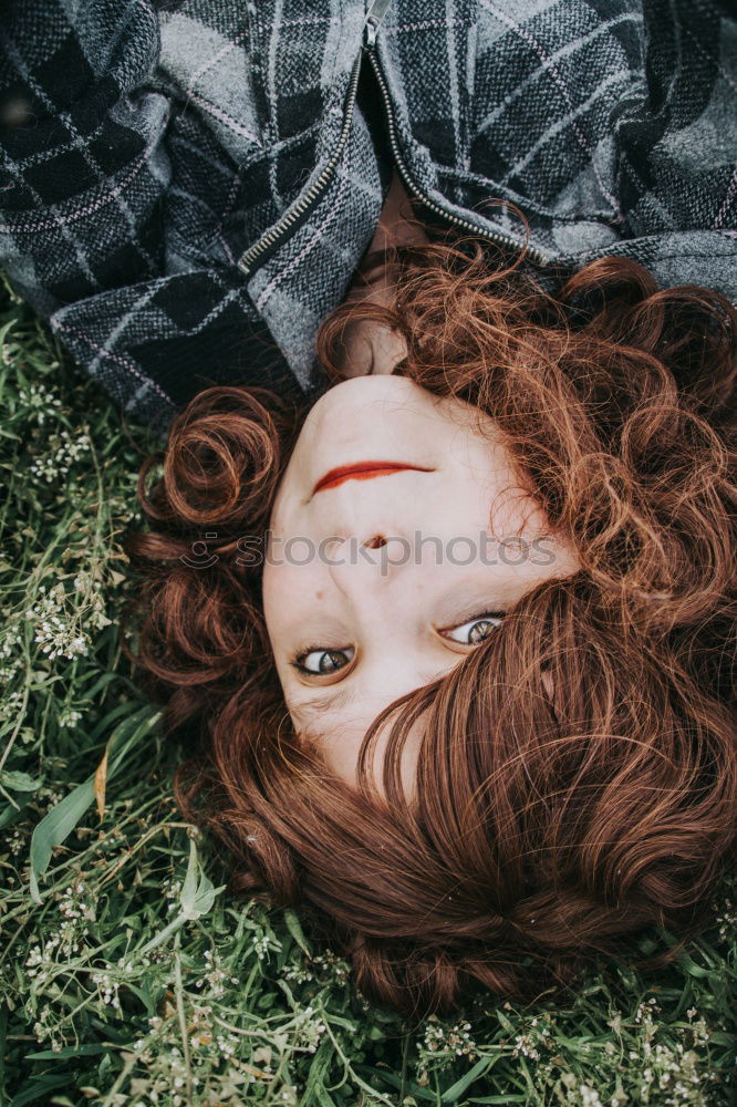 Image, Stock Photo Young brunette woman next to a plant at home