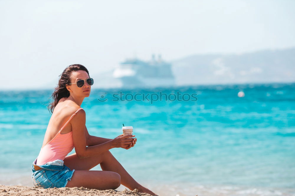 Similar – Image, Stock Photo Middle aged woman seated in a table of a restaurant near the sea