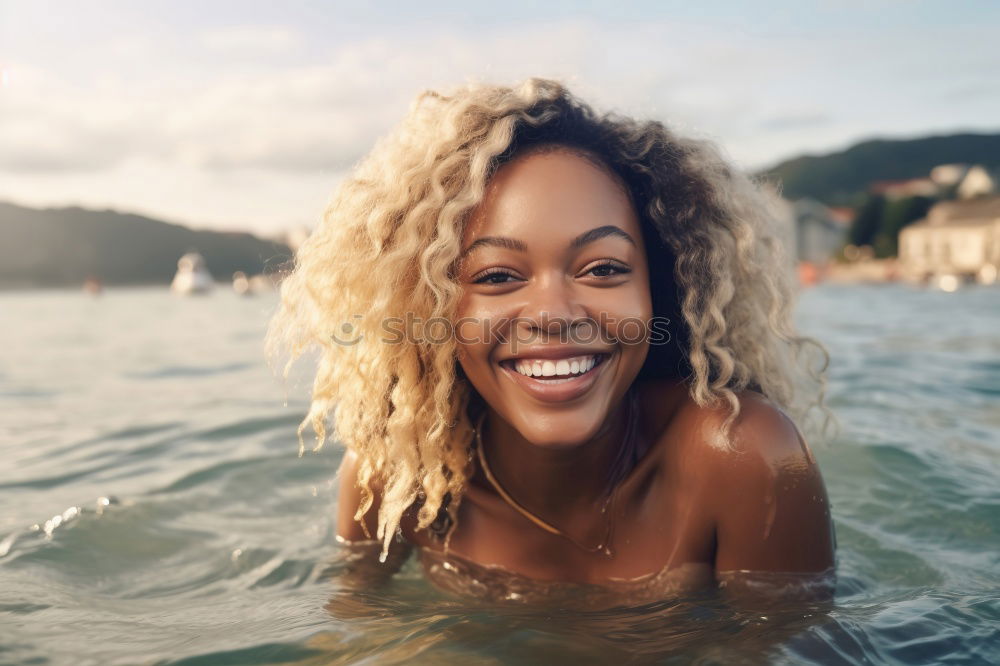 Similar – Image, Stock Photo Beautiful young black woman lying down in a  wooden foot bridge at the beach