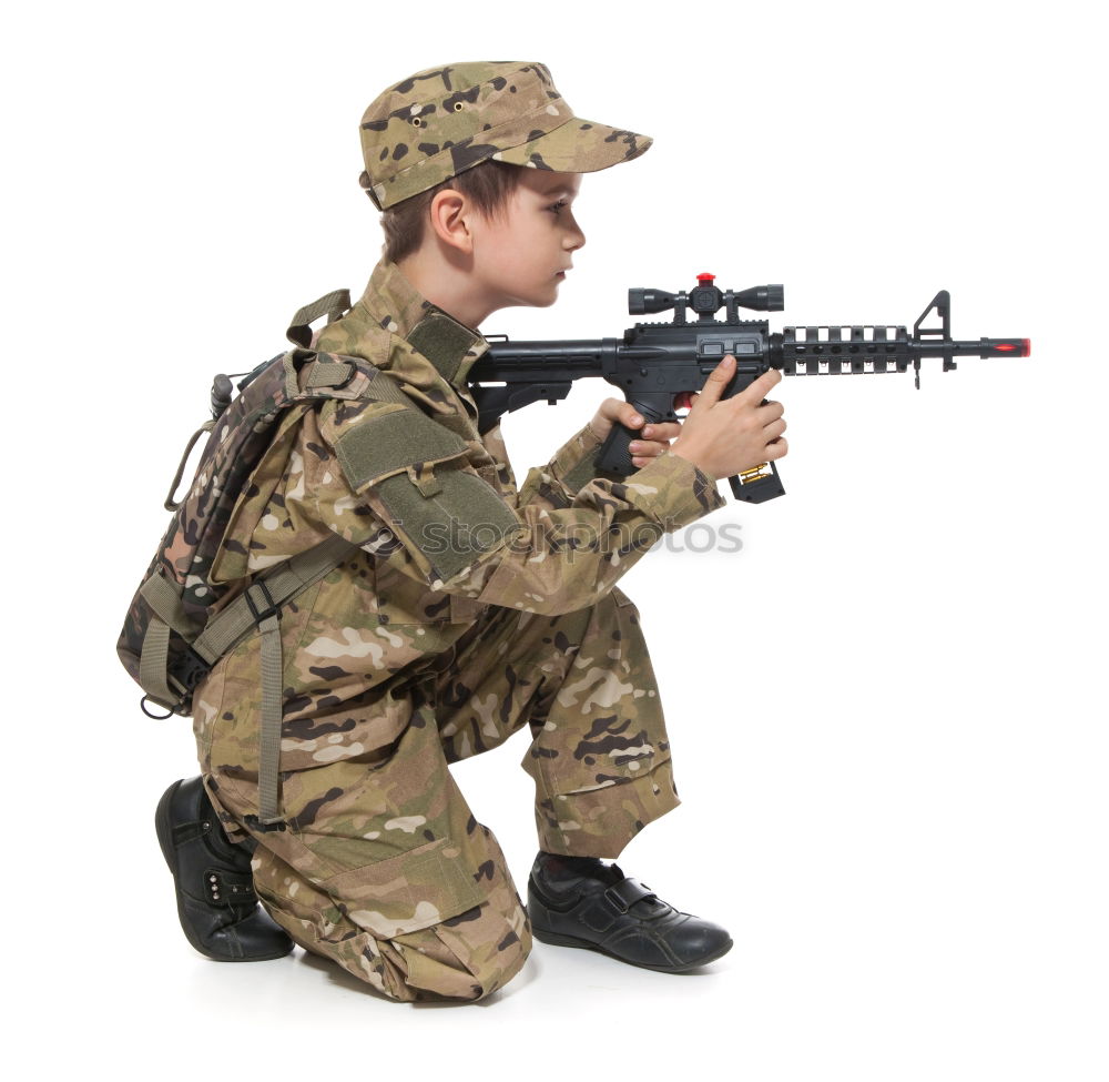 Similar – Image, Stock Photo Young photographer playing with accessories for professional camera like with rifle while lying on floor