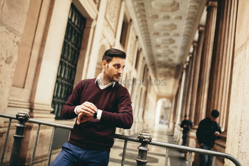 Similar – Image, Stock Photo young man with duffle coat waits in the house entrance