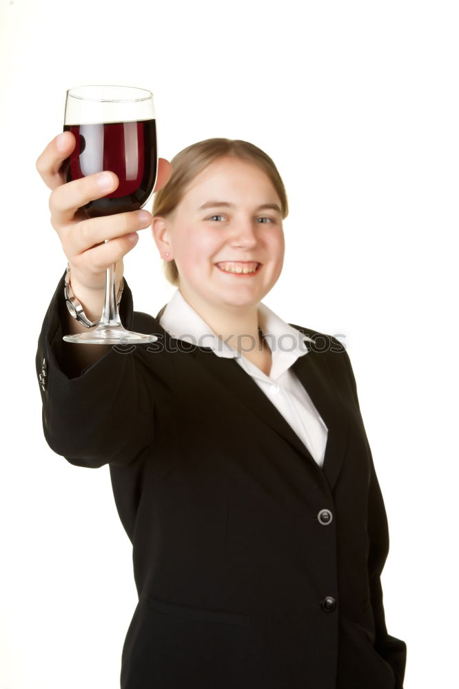 Similar – Image, Stock Photo Elegant young woman in a white dress drinking white wine at a function and smiling up at her male partner