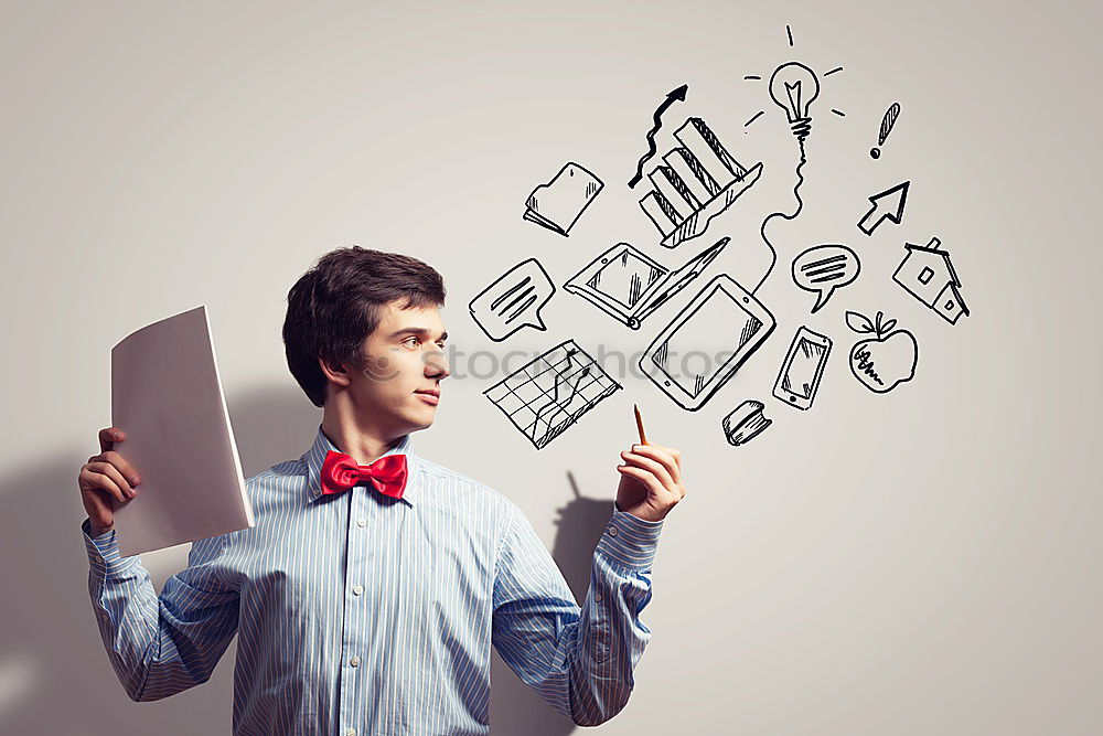 Similar – Image, Stock Photo Concept of social media chat. Single white adult man standing in front of a blackboard using his smart phone