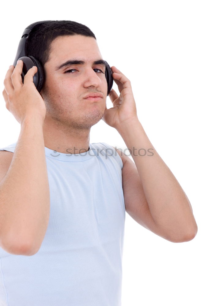 Similar – Black serious man listening to music in headphones