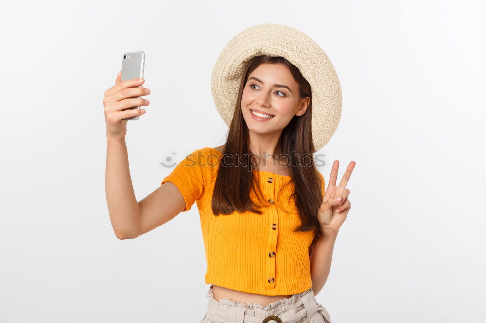 Similar – Image, Stock Photo Young woman taking selfie photograph with smartphone