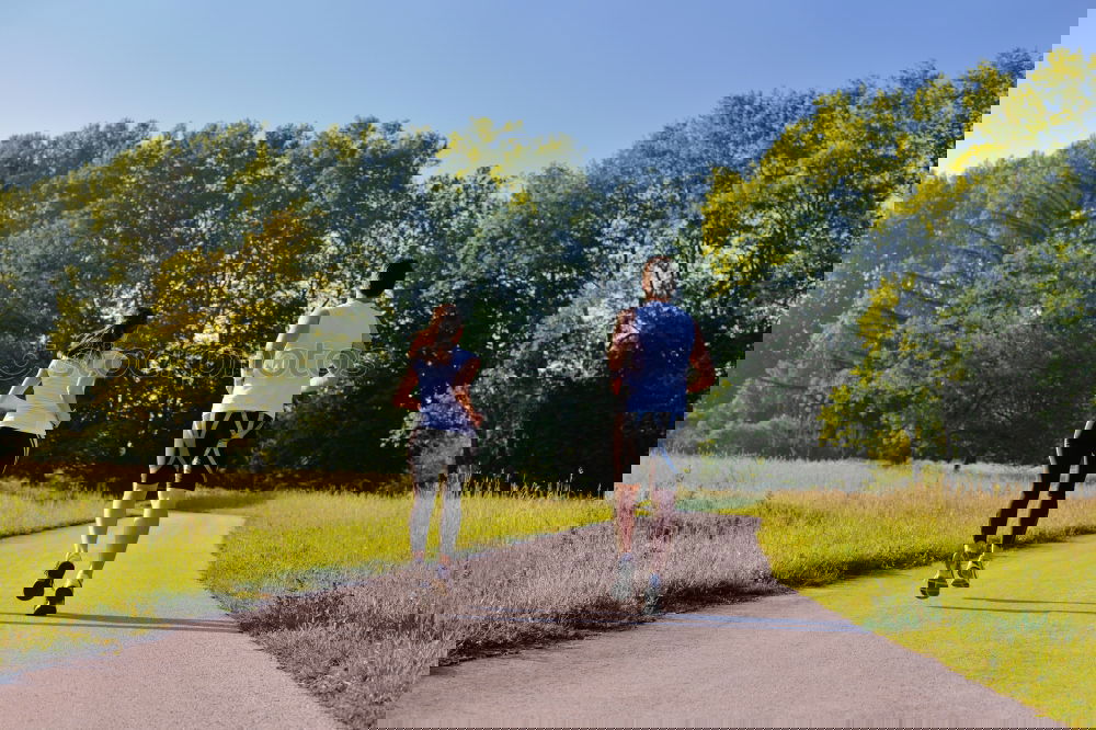 Image, Stock Photo Senior man and happy child running on nature path
