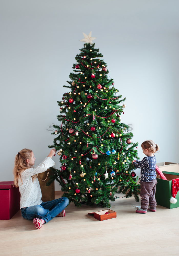 Young girl and her little sister decorating Christmas tree