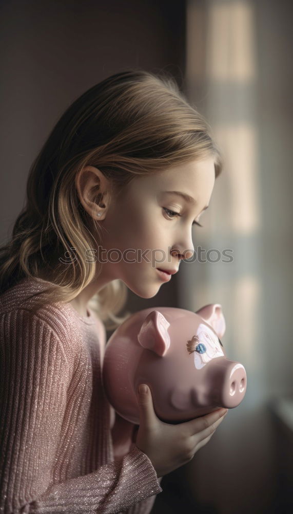 Similar – Thoughtful confused black woman with piggy bank