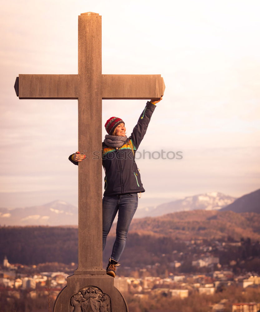 Similar – Image, Stock Photo Summit cross, woman with rucksack