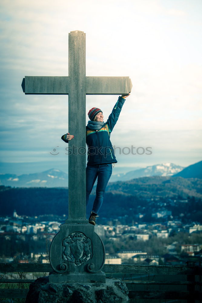 Similar – Image, Stock Photo Summit cross, woman with rucksack