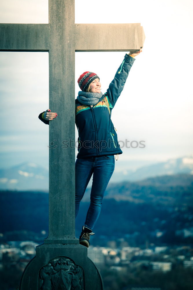 Similar – Image, Stock Photo Summit cross, woman with rucksack