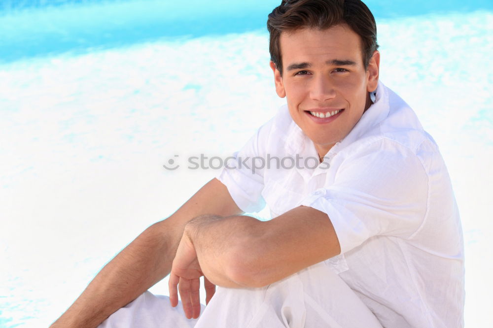 Similar – Image, Stock Photo Young man in sportswear leaning on metal fence and posing on sta