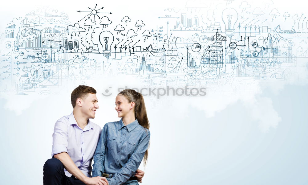 Similar – Image, Stock Photo Smiling young woman and man sitting on a pier over the sea