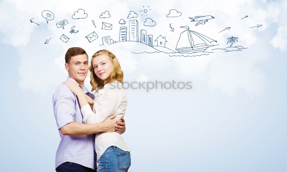 Similar – Image, Stock Photo Smiling young woman and man sitting on a pier over the sea