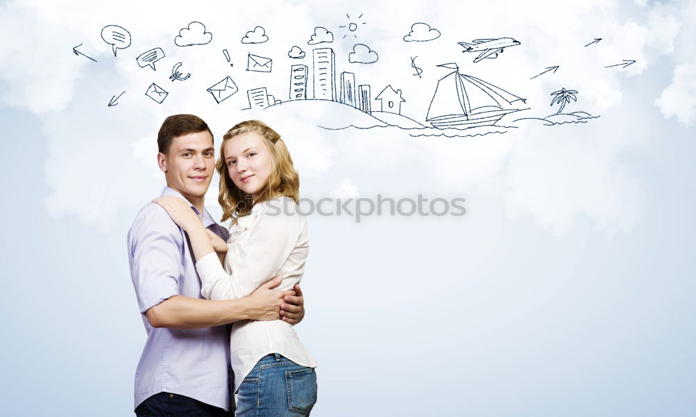 Similar – Image, Stock Photo Smiling young woman and man sitting on a pier over the sea