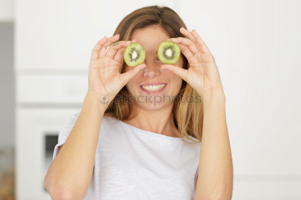 Image, Stock Photo not so young caucasian smiling woman with rest of watermelon