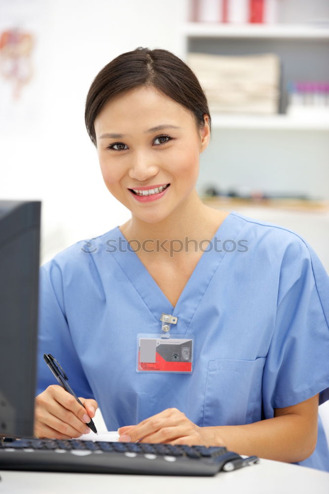 Similar – Smiling Female Doctor With Face Mask Wearing Scrubs In Busy Hospital During Health Pandemic