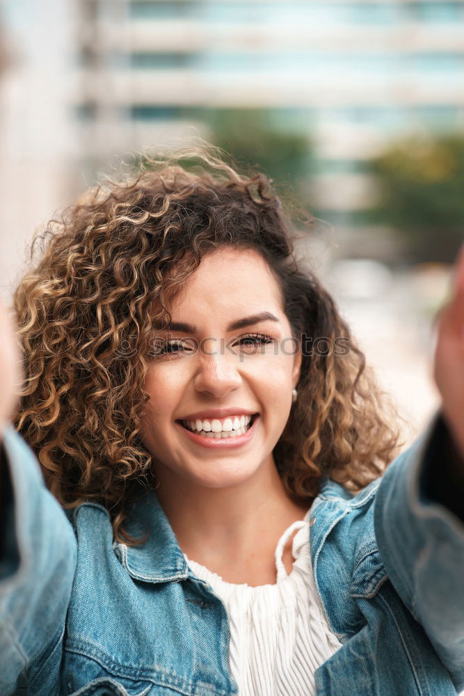 Similar – Image, Stock Photo Happy African woman taking selfie and drinking smoothie