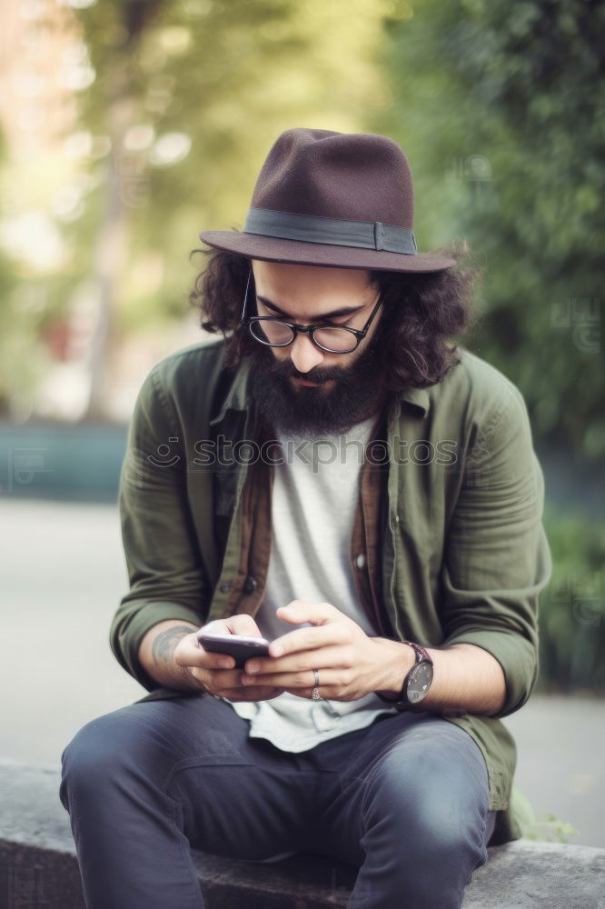 Similar – Image, Stock Photo Young smiling man looking at his smartphone in the street