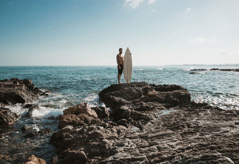 Similar – Image, Stock Photo Men standing on cliff at ocean