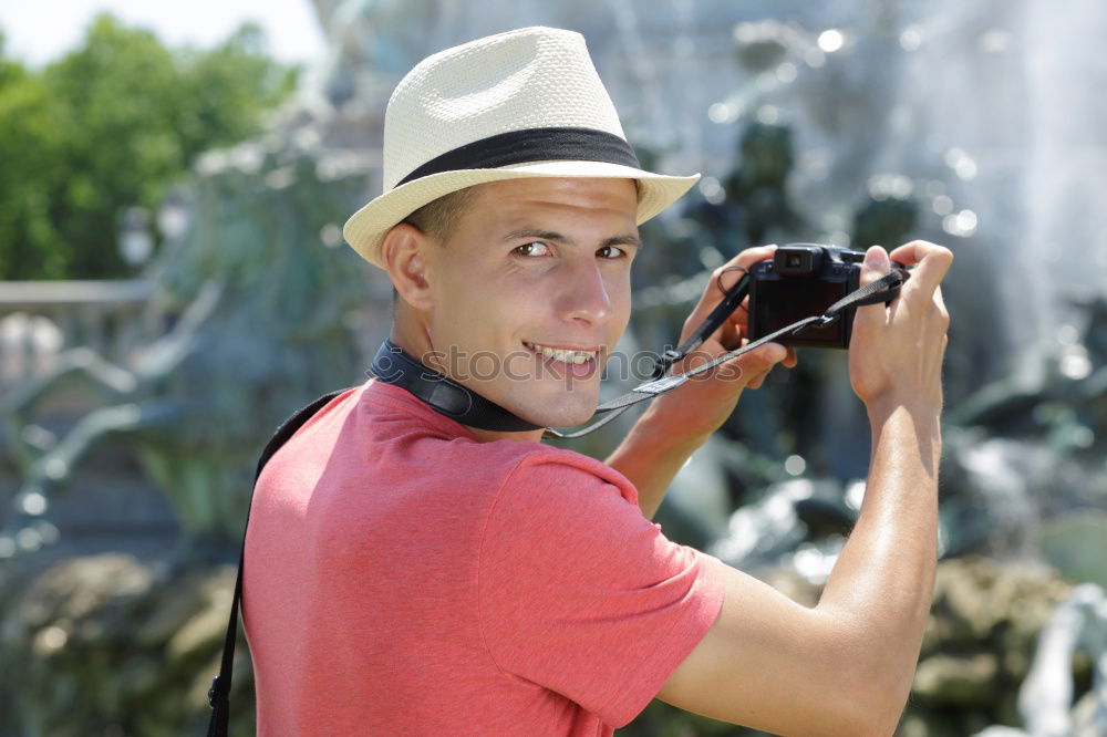 Similar – Foto Bild Mann mit Bart und Brille auf dem Kopf, der in die Kamera lächelt