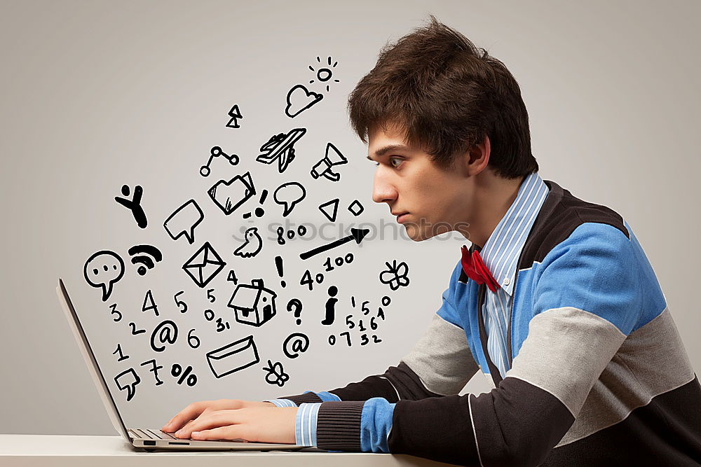 Similar – Image, Stock Photo Concept of social media chat. Single white adult man standing in front of a blackboard using his smart phone