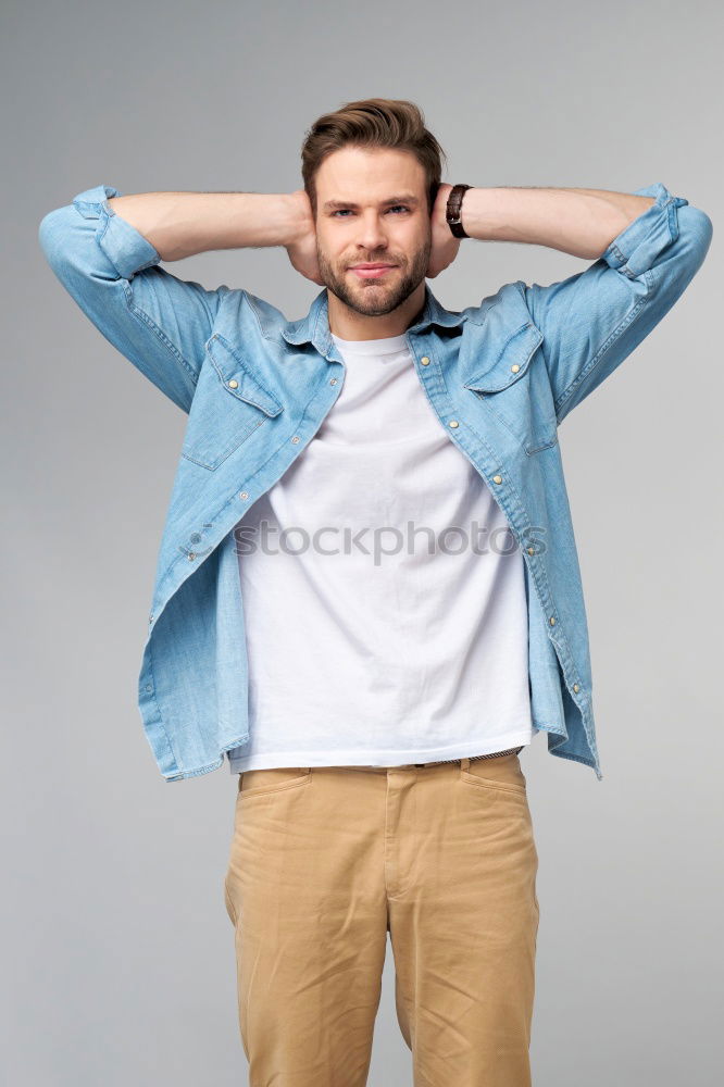 Similar – Image, Stock Photo Casual man showing biceps at street