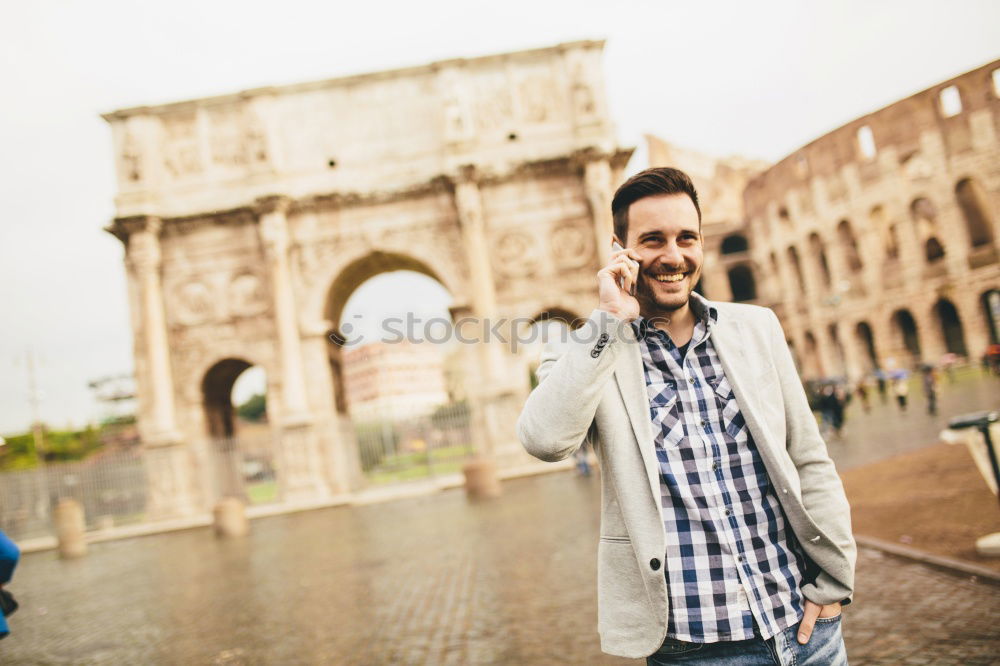 Similar – Image, Stock Photo Young handsome trendy man with coat posing with an old wall background