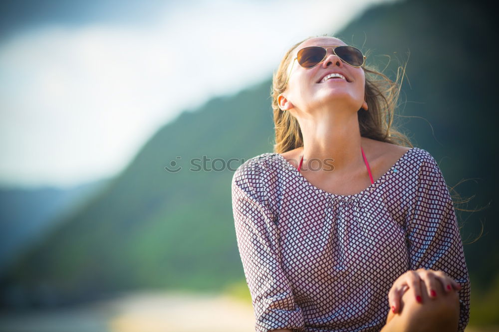 Image, Stock Photo Smiling woman at lake