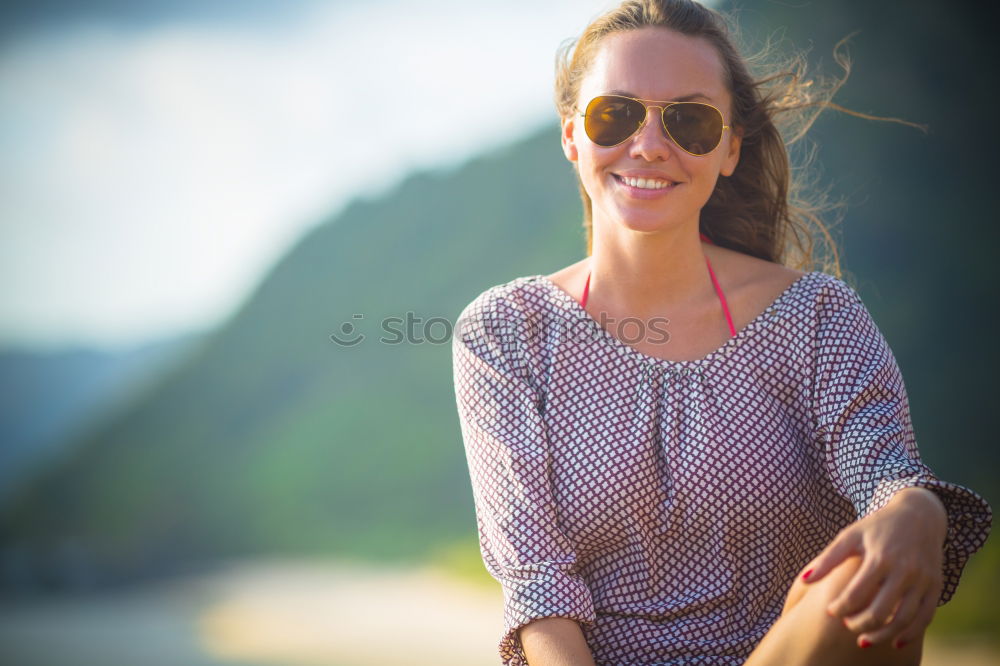 Similar – Image, Stock Photo Laughing happy vivacious woman on vacation