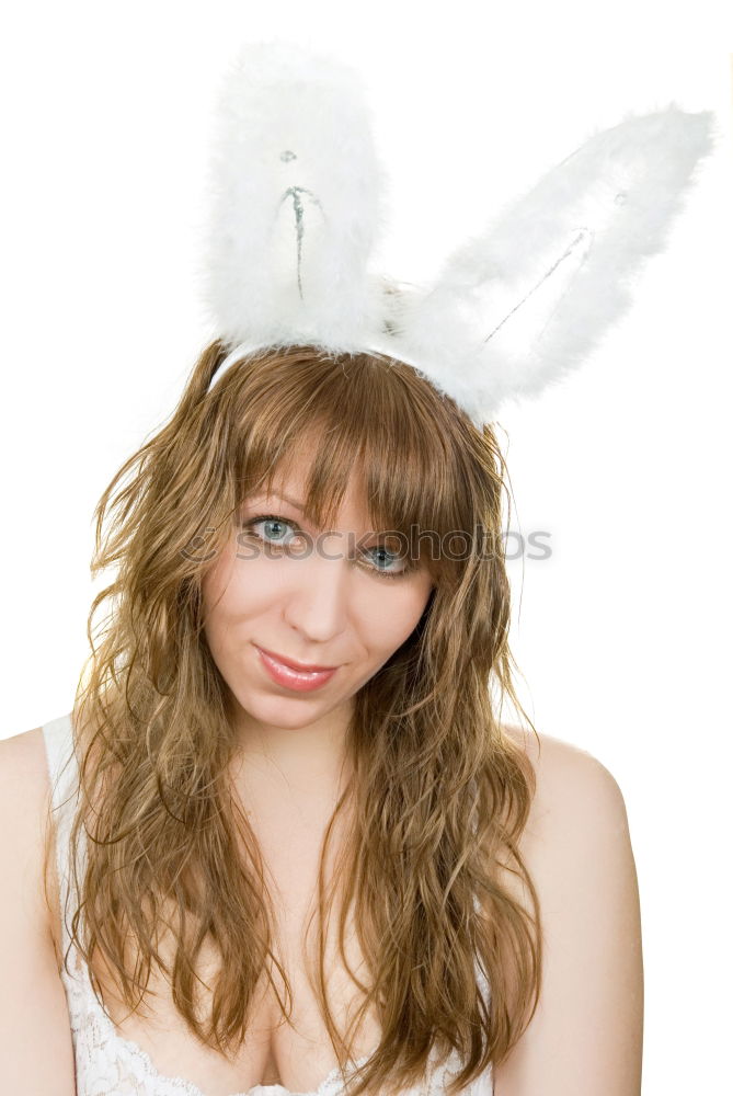 Back view of a young woman wearing rabbit ears