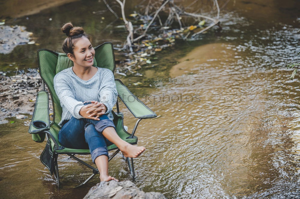 Similar – Image, Stock Photo Woman pausing while doing trekking