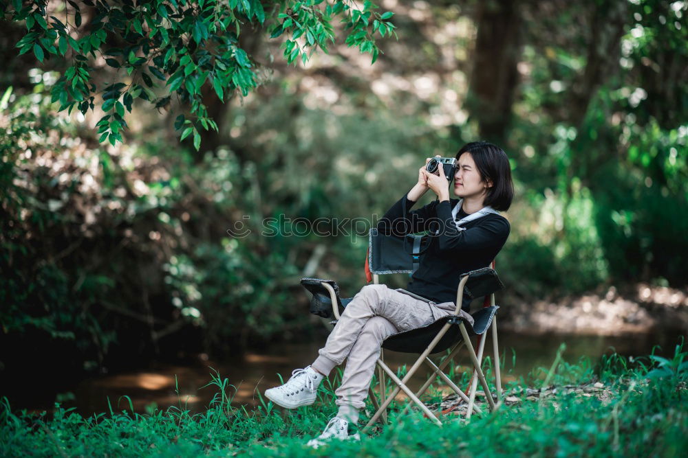 Similar – Image, Stock Photo Woman with camera in woods