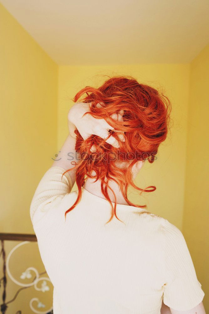 Image, Stock Photo Young redhead woman with a yellow dress in a yellow room