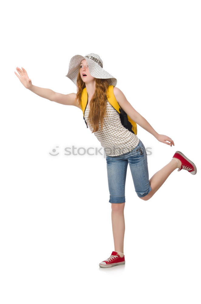 Similar – Girl with sunglasses, short jeans and long legs, jumps happily in summer, happily up on the trampoline, with blue sky in the background.