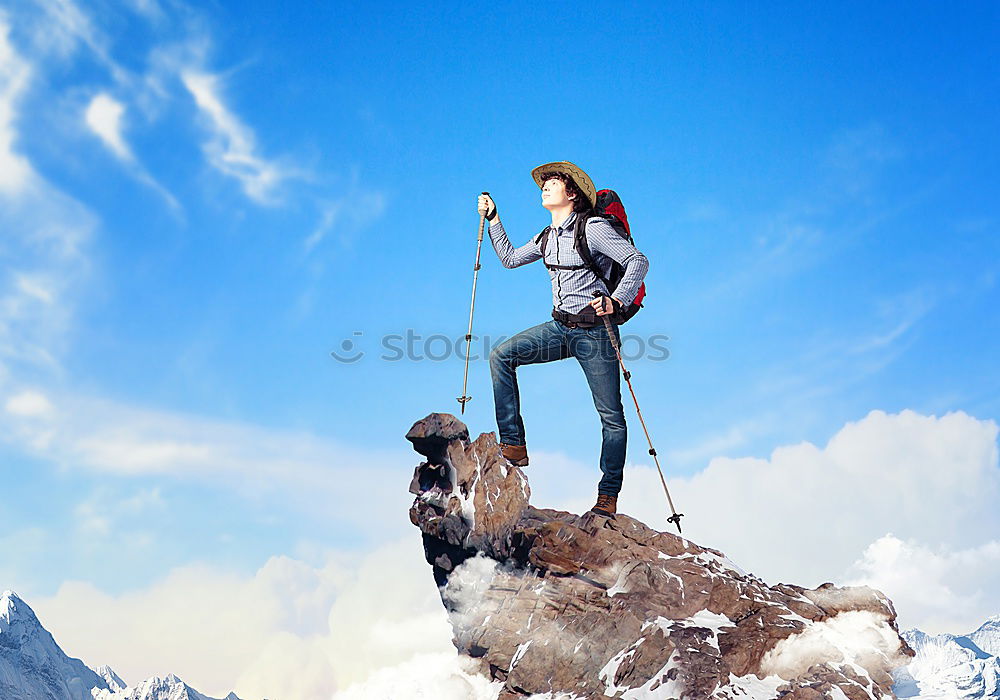 Similar – Image, Stock Photo Rock climbing team standing on the summit.