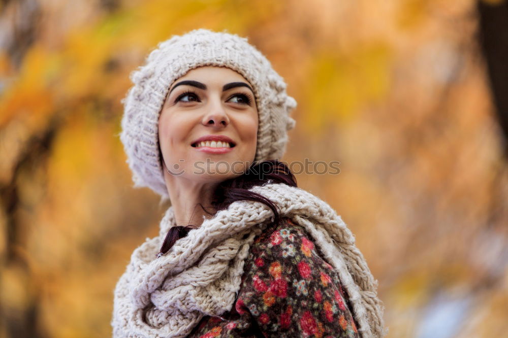 Similar – Matured woman with pink wool hat in the forest