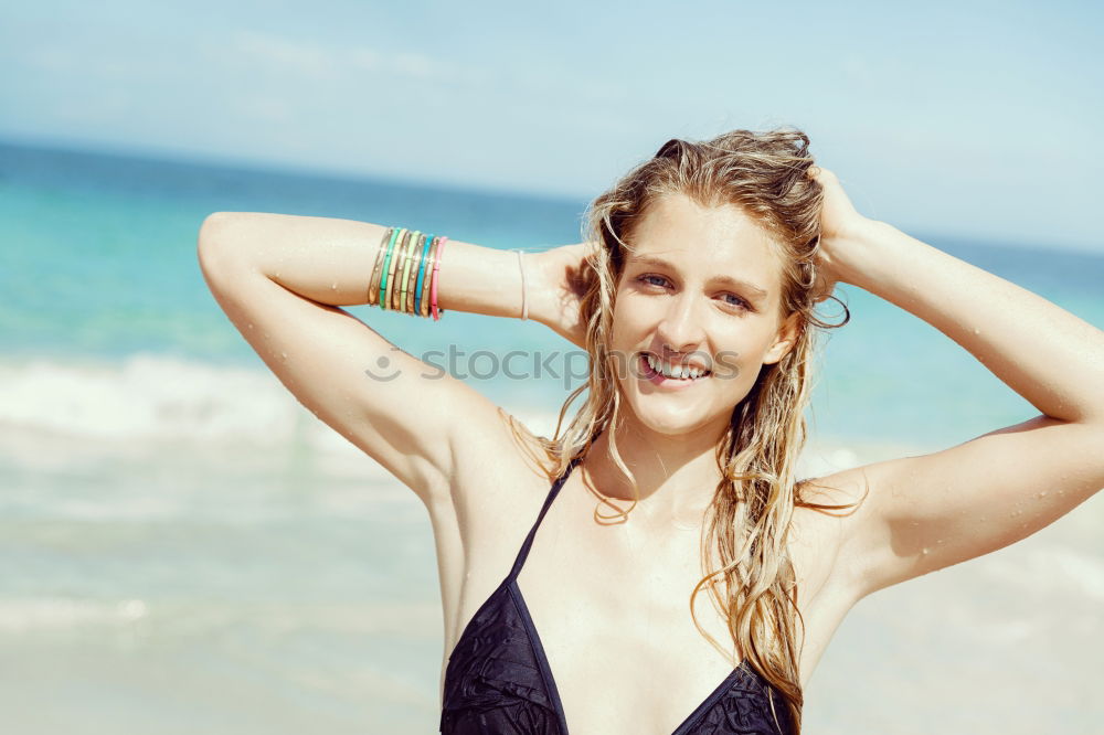 Similar – Image, Stock Photo Attractive trendy woman on a tropical resort beach