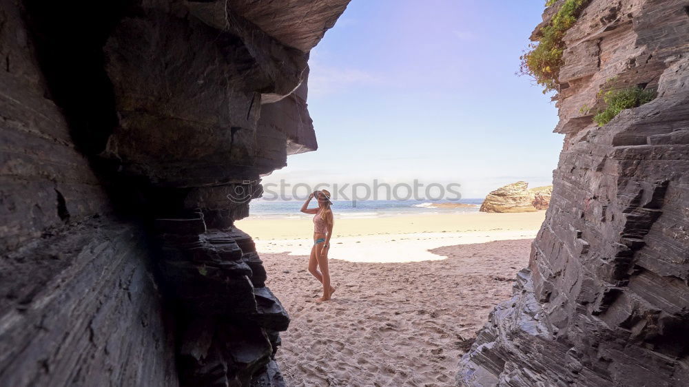 Similar – Image, Stock Photo Young woman over a cliff in a celtic ruins in Galicia