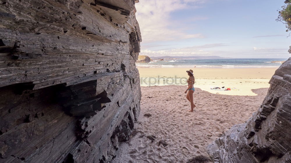 Similar – Image, Stock Photo Young woman over a cliff in a celtic ruins in Galicia