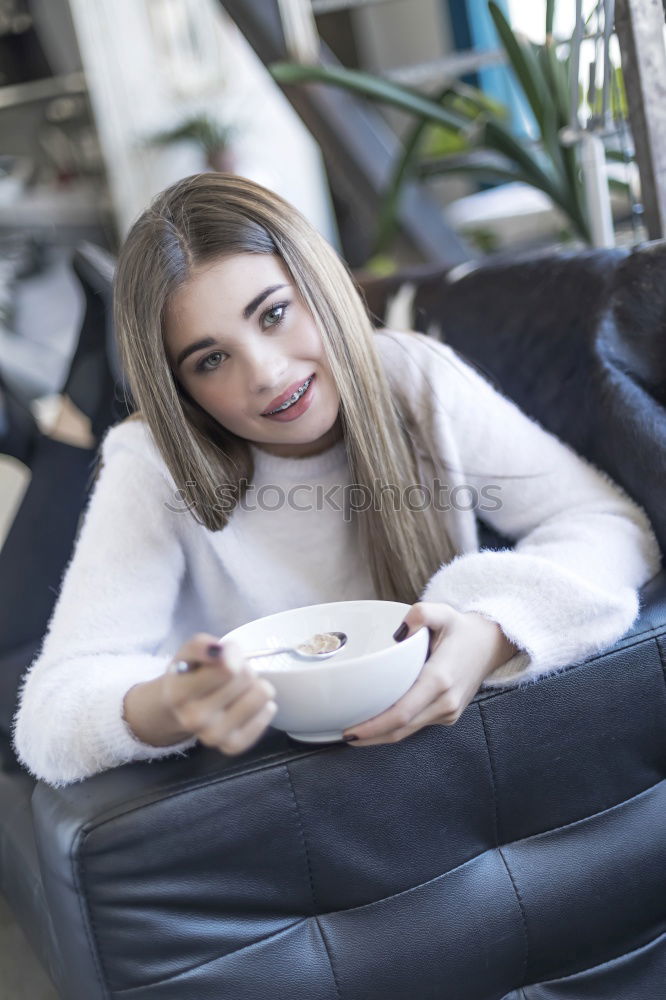 Similar – Image, Stock Photo Beautiful model with cup of coffee and smartphone