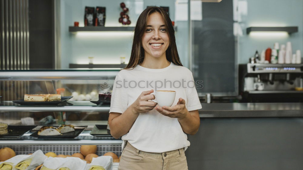 Similar – Image, Stock Photo smiling Barista girl in a coffee shop