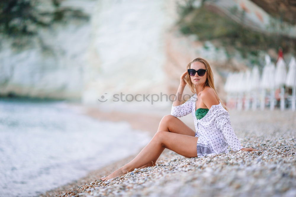 Similar – Image, Stock Photo Happy girl posing on the stones of a river