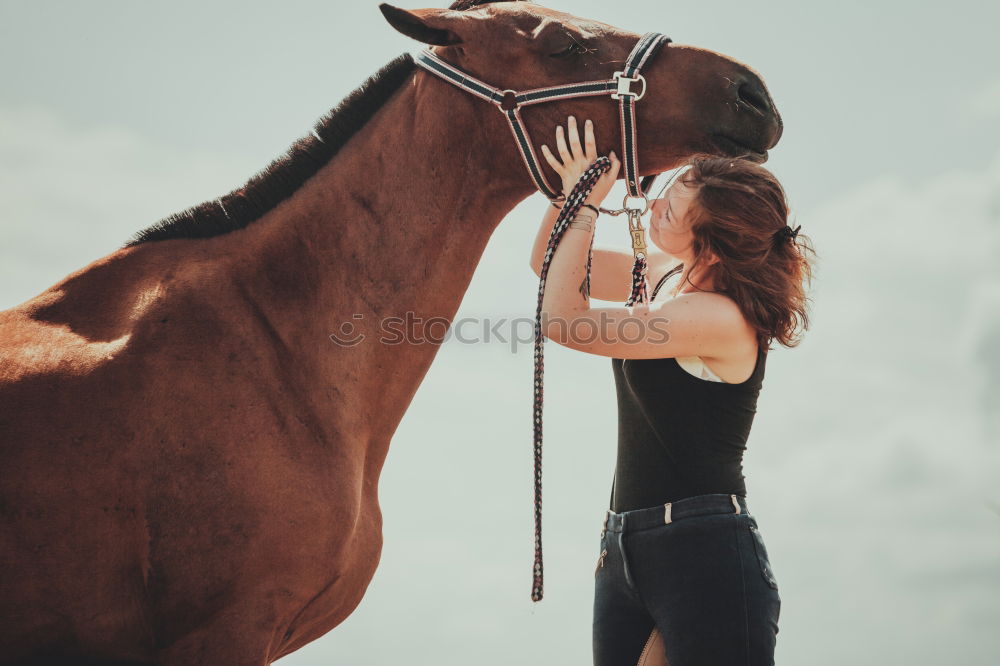 Similar – Young dark-haired curly woman with horse in stable